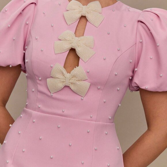 Pink Casual Women's Pearl Bow Decor Short Sleeve Dress - Picture 3 of 7